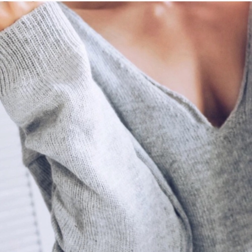 Gray Oversized Slouchy V Neck Pullover Sweater - Picture 3 of 4